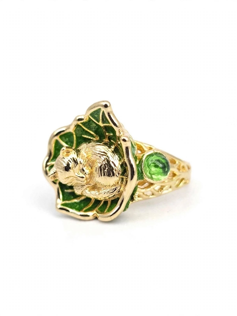 Gold-Tone Green Enamel Cat Motif Ring